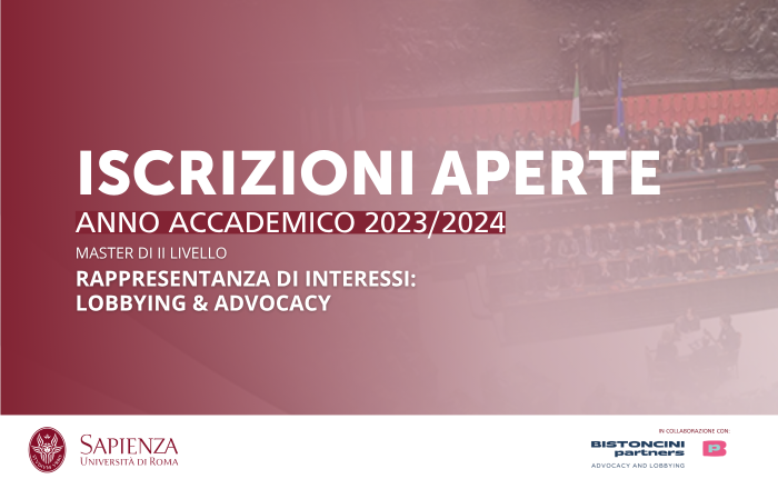 Aperte le iscrizioni per l'anno 2023/2024 del Master di II Livello in "Rappresentanza di interessi: Lobbying & Advocacy"