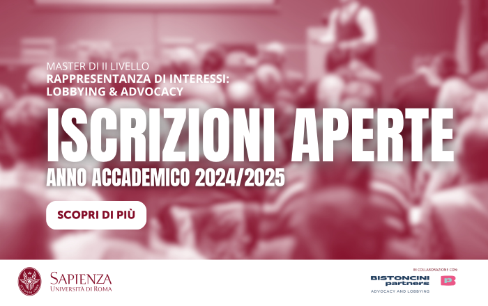 Aperte le iscrizioni per l'anno 2024/2025 del Master di II Livello in "Rappresentanza di interessi: Lobbying & Advocacy"